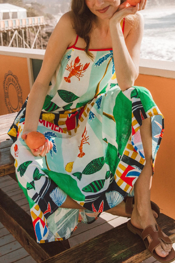 Summer-themed Printed Square Neck Sleeveless Pocket Loose Maxi Dress-consonak