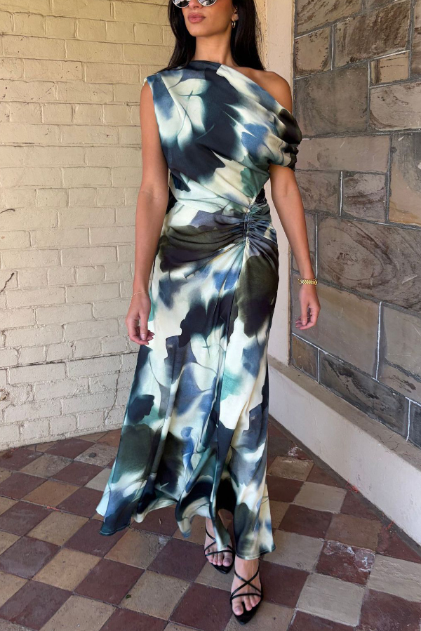 Unique Print Asymmetrical Off-Shoulder Pleated Waist Casual Maxi Dress