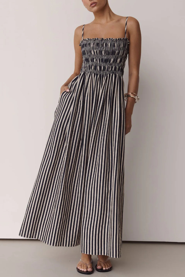 Striped Print Spaghetti Strap Pleated Pocket Casual Vacation Maxi Dress | Consonak