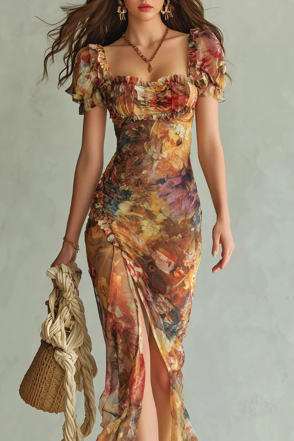 Floral Print Short-sleeved Square Neck Ruffled Elegant Slit Maxi Dress