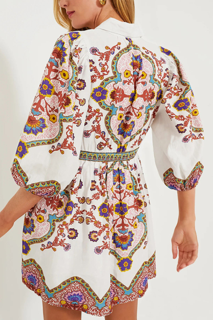 Fun and Vibrant Linen Blend Unique Print Puff Sleeve Pocketed Shirt Mini Dress-consonak