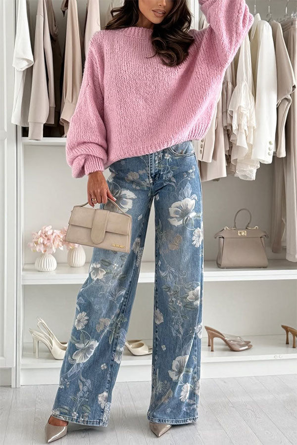Uptown Bloom Denim Floral Print High Rise Pocket Straight Leg Jeans-consonak