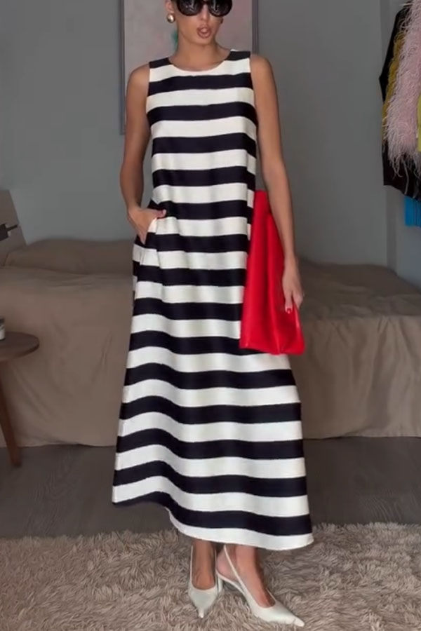 Elara Satin Striped Contrast Print Sleeveless Pocket A-line Maxi Dress | Consonak