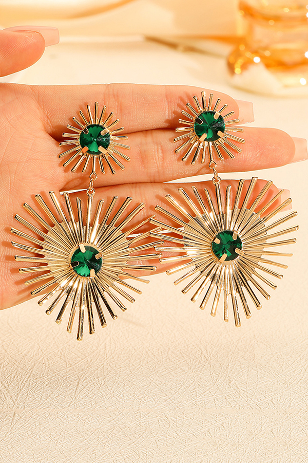 Exaggerated Emerald Rhinestone Line Metal Earrings-consonak