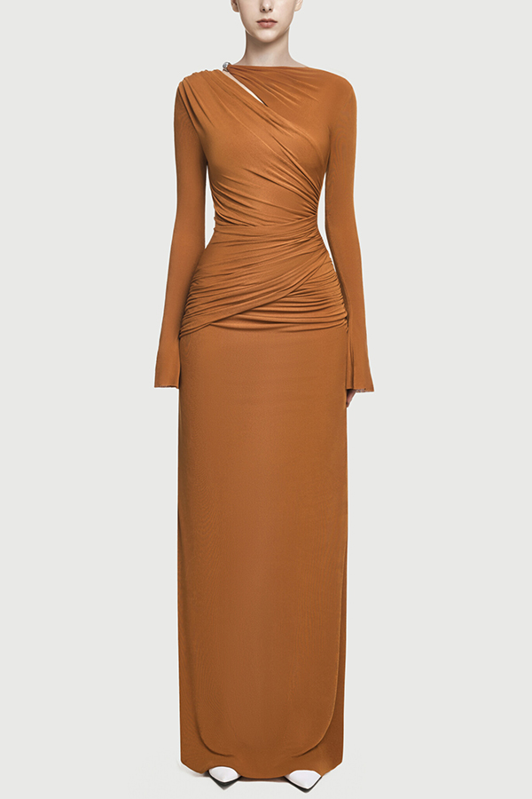 Stylish Long-sleeved Slim-fit Pleated Elegant Maxi Dress-consonak