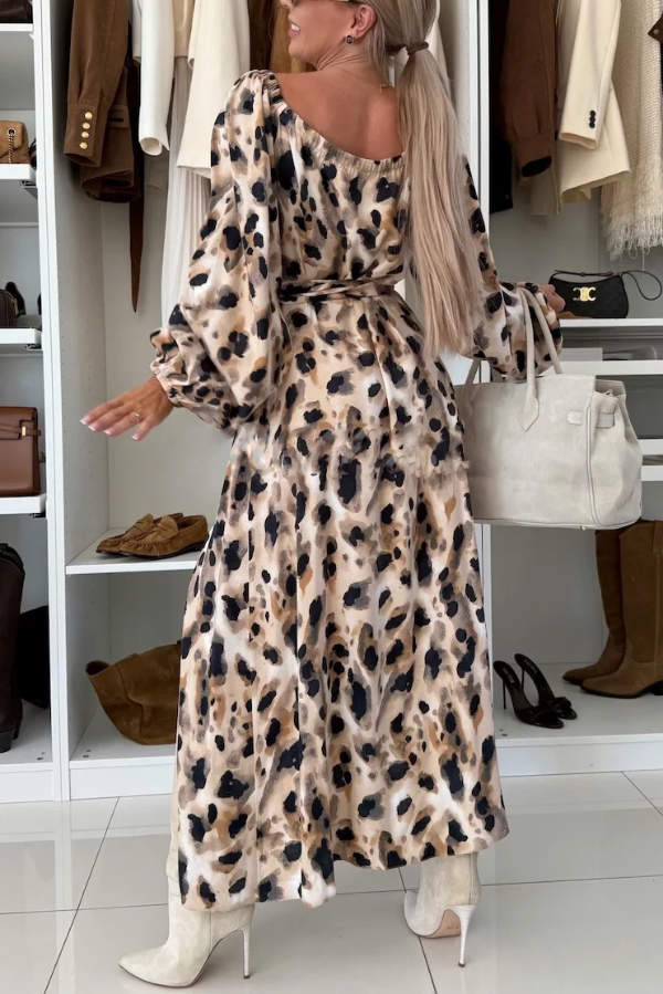 Unique Printed V-neck Long-sleeved Waist Tie Slit Maxi Dress-consonak