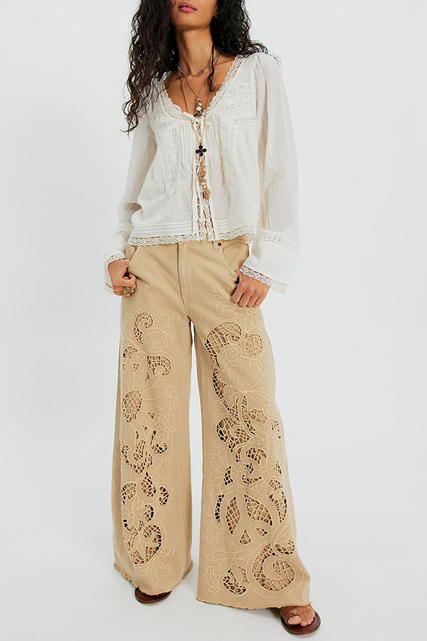 Battenburg Inspired Cutwork Detail Mid Rise Pocket Wide Leg Jeans