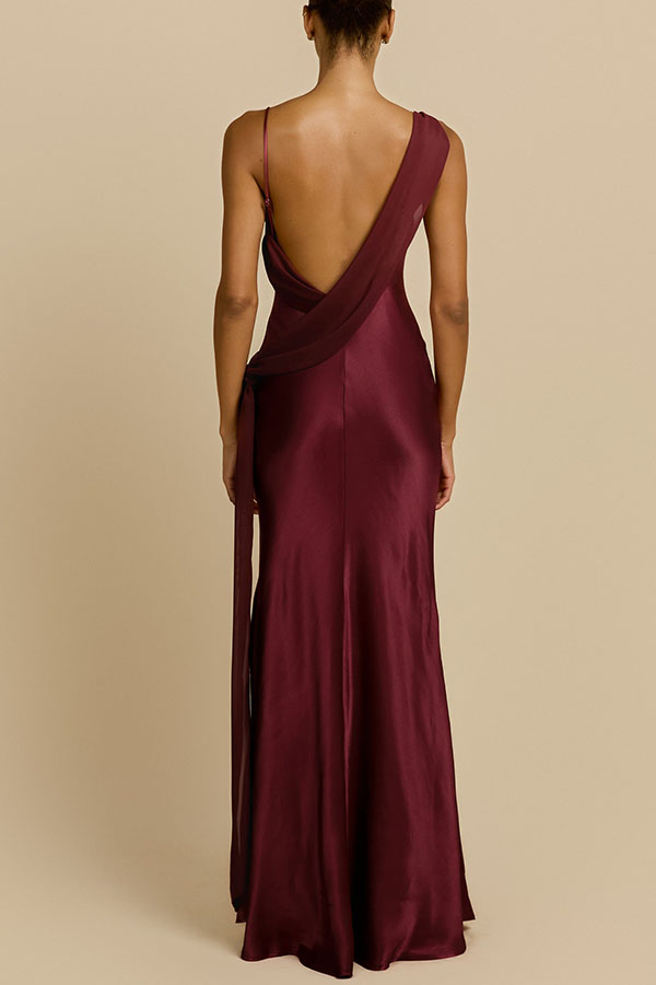 Helena Satin Asymmetric Neckline Contrast Chiffon Detail Backless Maxi Dress