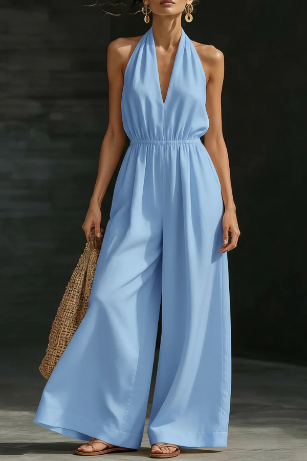 Solid Color V-neck Sleeveless Backless Casual Pocket Loose Wide-leg Jumpsuit