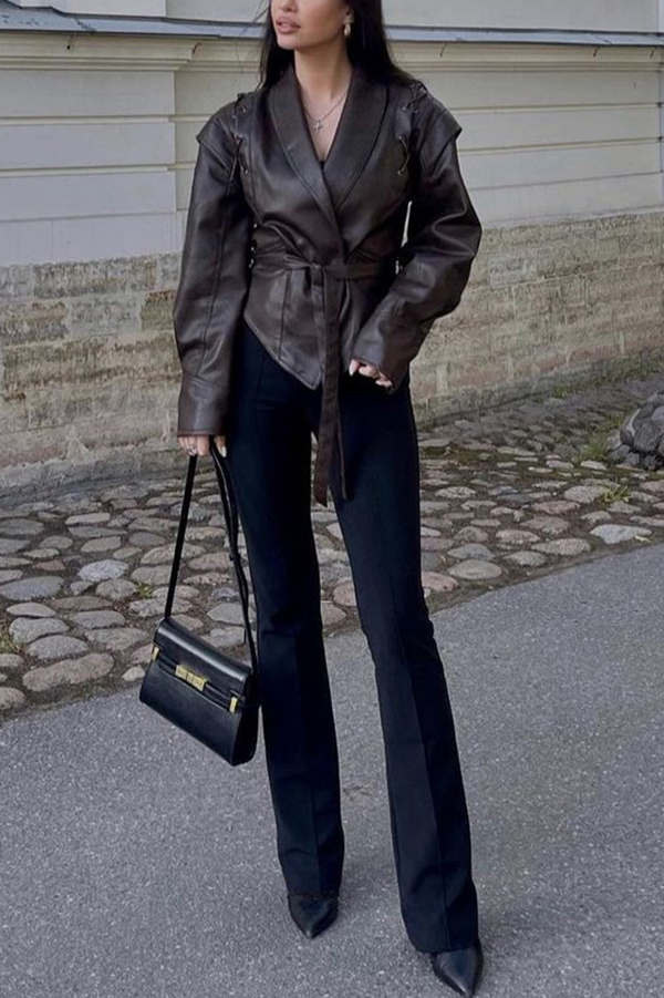 Street Warrior Faux Leather Distressed Style Lace-up Lapel Belt Oversized Jacket-consonak