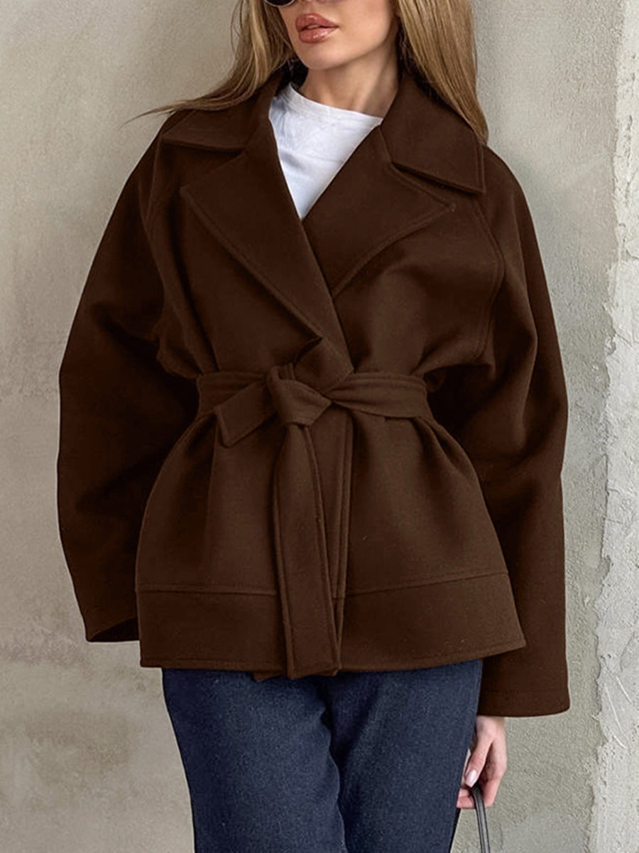 Retro-style Lapel Long-sleeved Belted Loose Coat-consonak