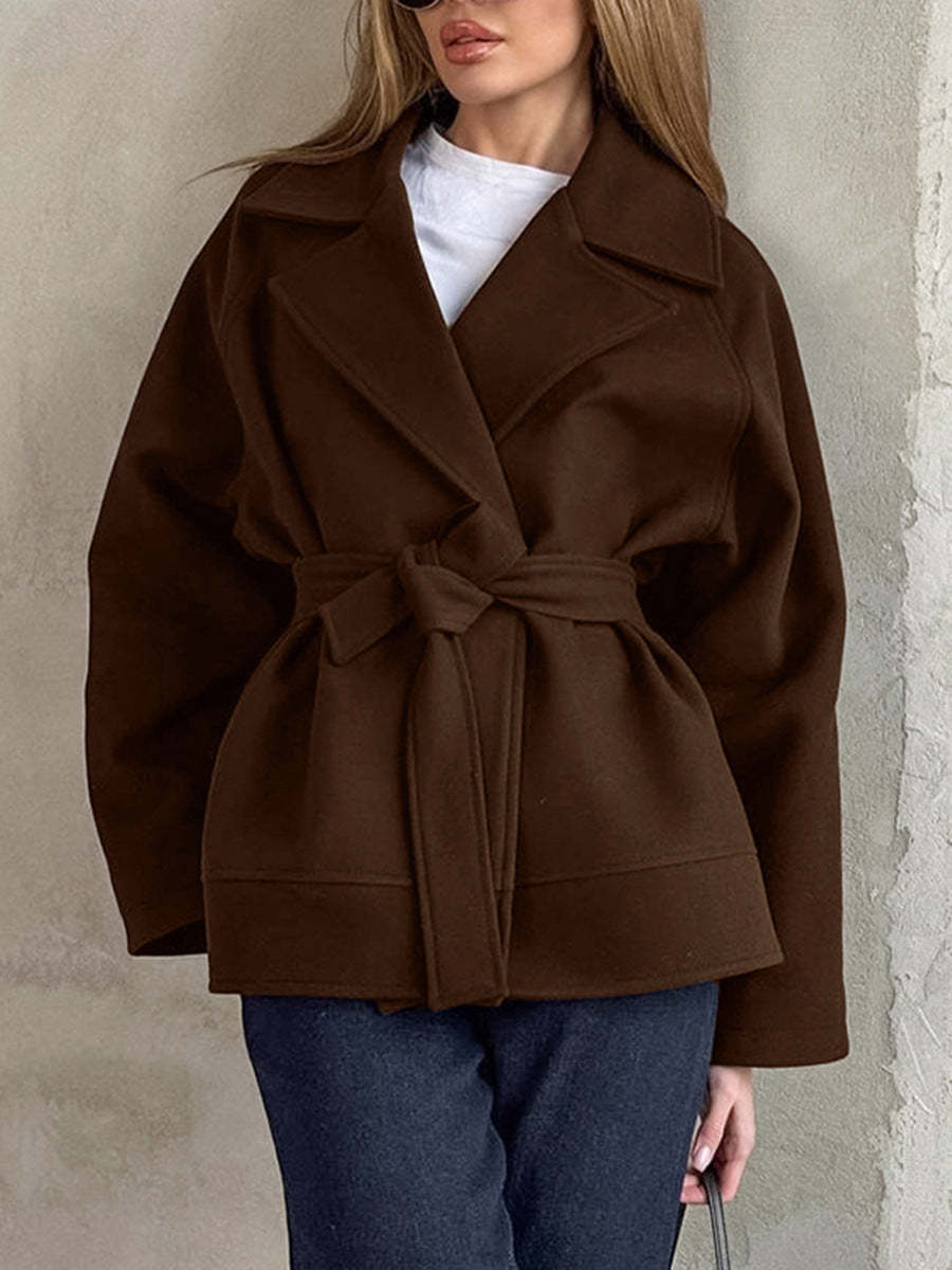 Retro-style Lapel Long-sleeved Belted Loose Coat-consonak