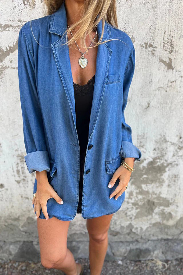 Fashionable Lapel Casual Loose Long Sleeve Denim Jacket-consonak