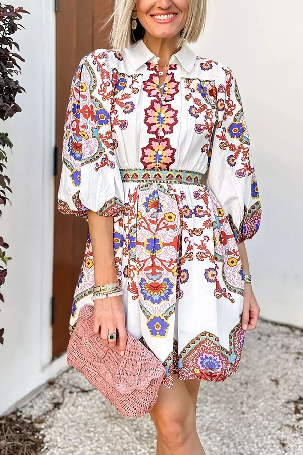 Fun and Vibrant Linen Blend Unique Print Puff Sleeve Pocketed Shirt Mini Dress-consonak