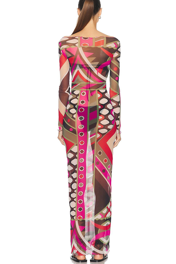 Gypsy Girl Mesh Unique Print Wide Neck Long Sleeve Stretch Maxi Dress-consonak