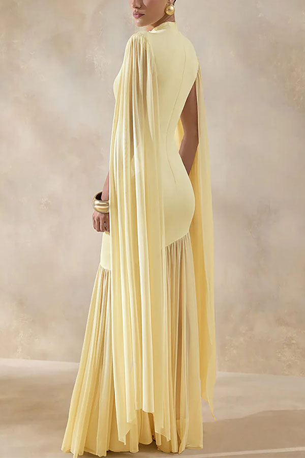 Elegant High-Neck Cape Detail Maxi Dress-Consonak