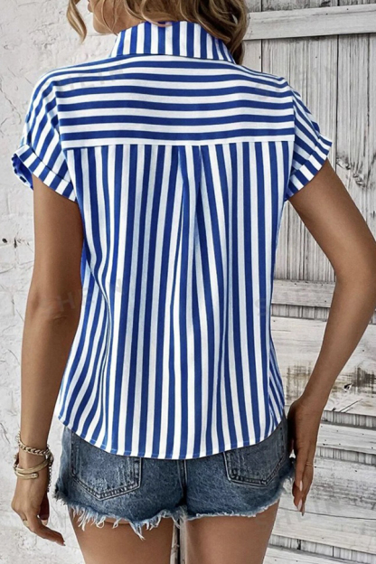 Striped Print Short Sleeve Pocket Shirt Top-consonak