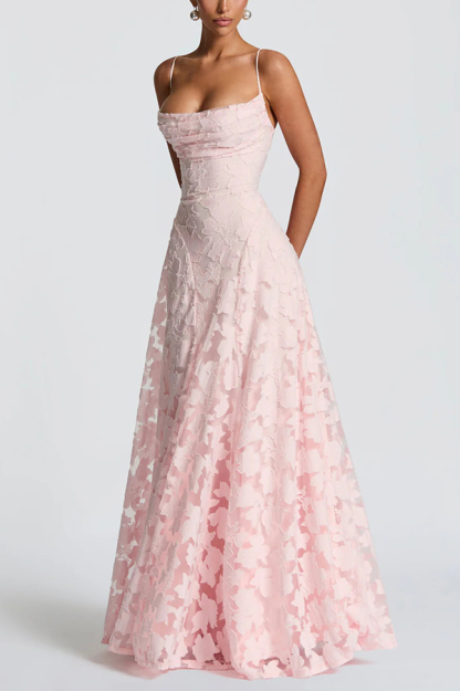 Francis Custom Floral Burnout Fabric Cowl Neck Back Lace-up Maxi Dress