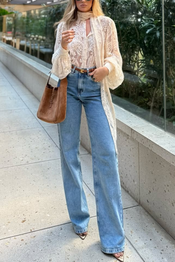 Solid Color Sheer Lace Elegant Ribbon Long-sleeved Shirt