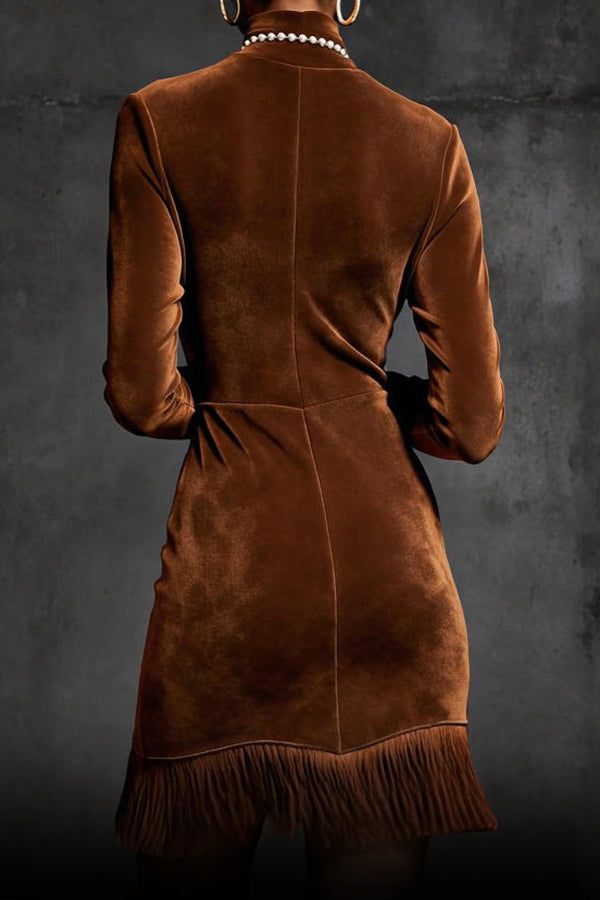 Stylish Suede Turtleneck Long-sleeved Slim-fit Tassel Mini Dress-consonak