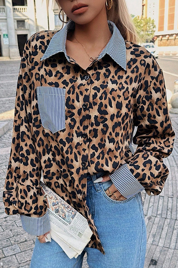 Stylish Striped Leopard Print Patchwork Loose Casual Long-sleeved Shirt-consonak