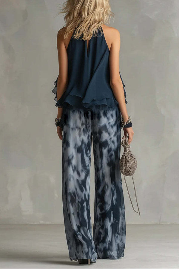 Navy Blue Camisole and Printed Wide-leg Chiffon Suit-Consonak
