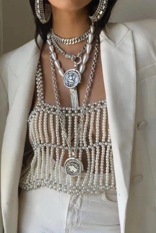 Fashionable Pearl Beaded Rhinestone Multi-layered Chest Necklace-consonak