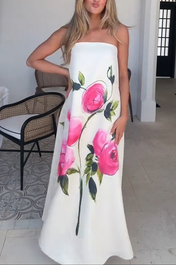 Garden Wedding Painted Roses Print Strapless A-line Maxi Dress-consonak