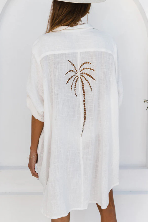 Solid Color Loose Long-sleeved Hollowed-out Long Cover-up Shirt-consonak