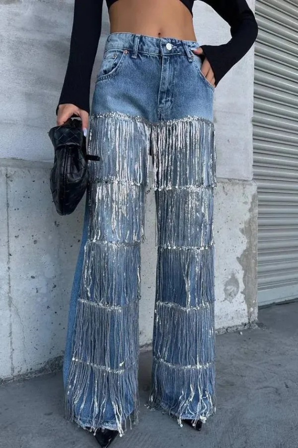 Stylish High-waisted Pocket Tassel Casual Straight Leg Jeans-consonak