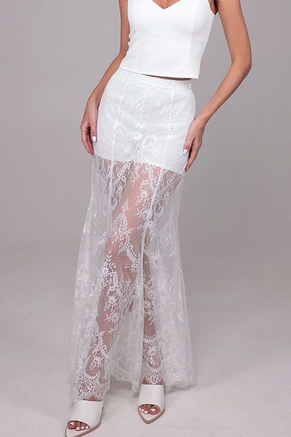 Queen Time Court-style Lace High Rise Elastic Waist Flare Maxi Skirt-consonak