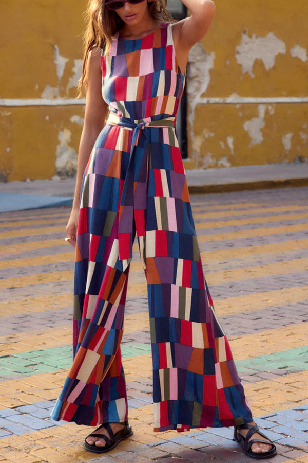 Retro Chic Linen Blend Colorful Color Block Front Waist Tie Detail Sleeveless Wide Leg Jumpsuit-consonak