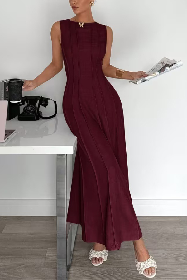Solid Color Round Neck Sleeveless Elegant Pleated Casual Maxi Dress | Consonak