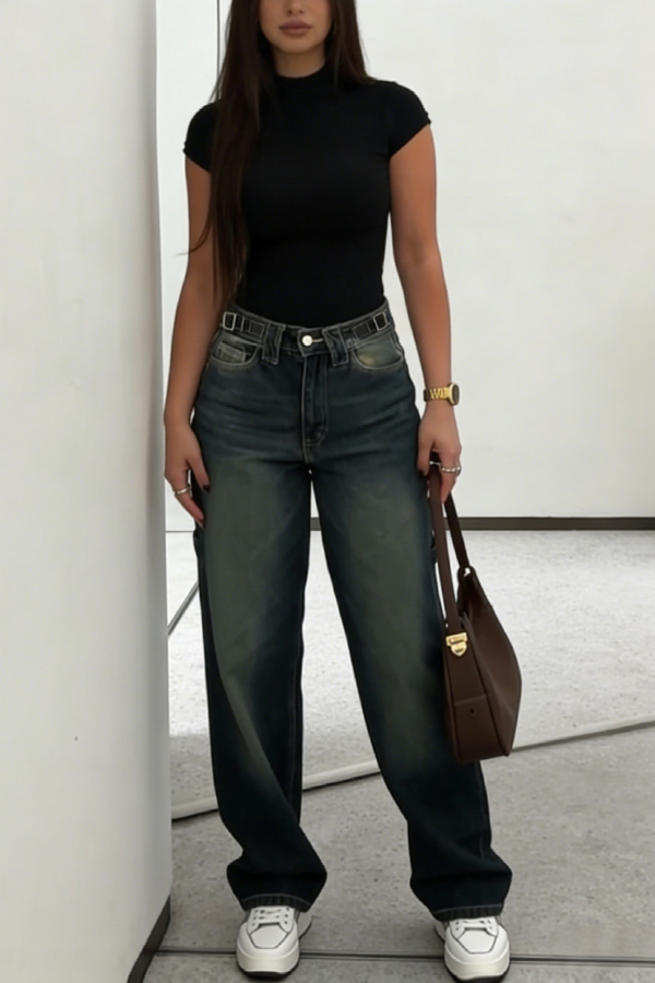 Stylish High-waisted Loose-fitting Pocket Casual Straight-leg Wide-leg Jeans-consonak