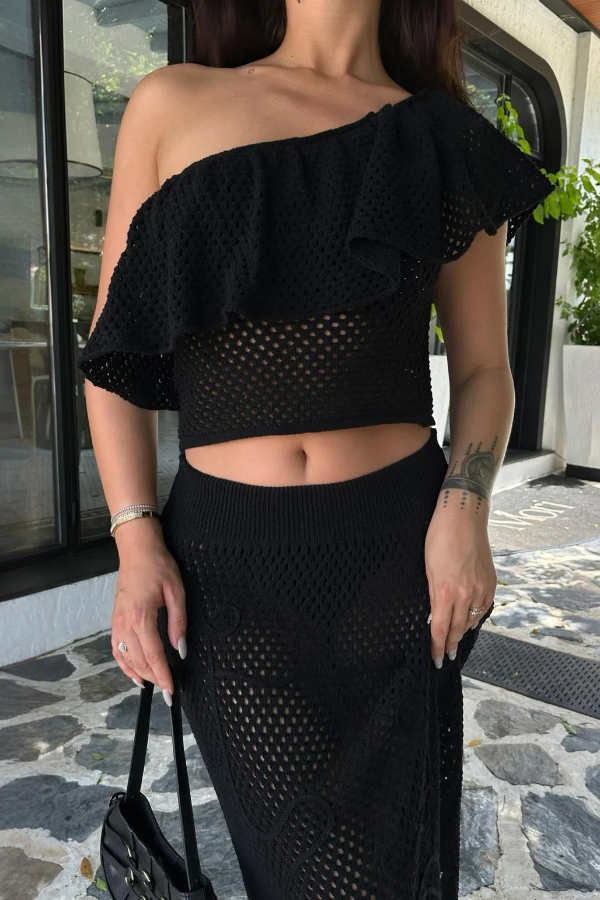 Solid Color One-shoulder Ruffled Openwork Top and Elastic Waist Holiday Knit Maxi Skirt Cover-up Set-consonak