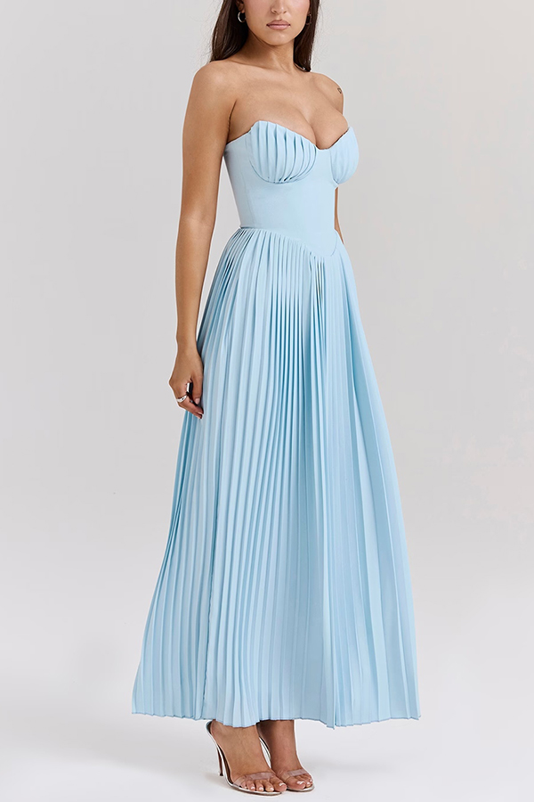 Romantic and Elegant Pleated Strapless Maxi Dress-consonak