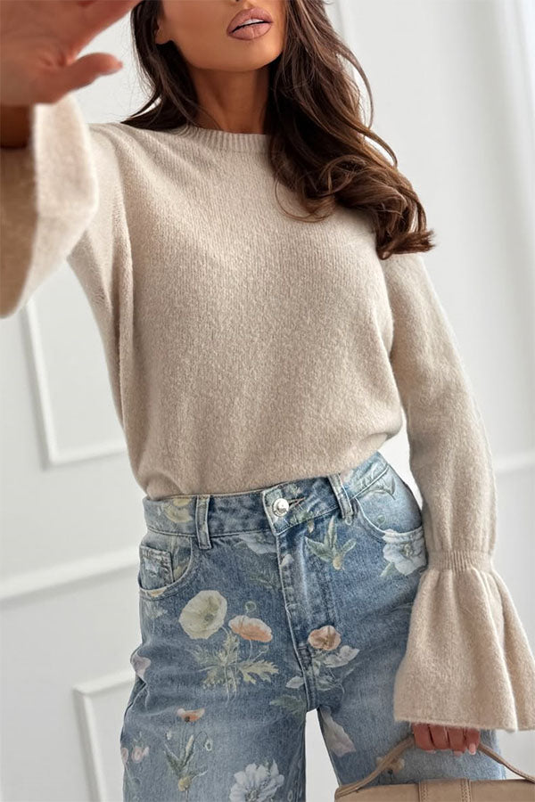 Spring Calling Knit Crew Neck Long Bell Sleeve Relaxed Sweater-consonak