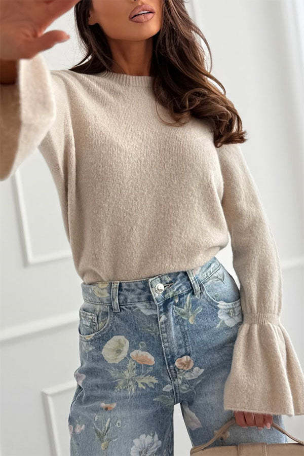 Spring Calling Knit Crew Neck Long Bell Sleeve Relaxed Sweater