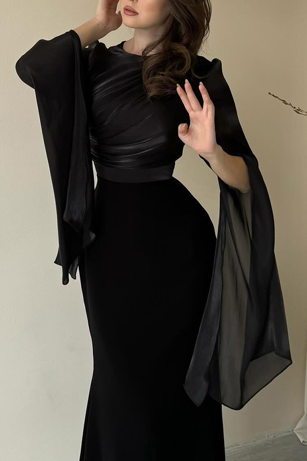 Liora Ruched Organza and Satin Patchwork Design Long Bell Slit Sleeve Maxi Dress-consonak