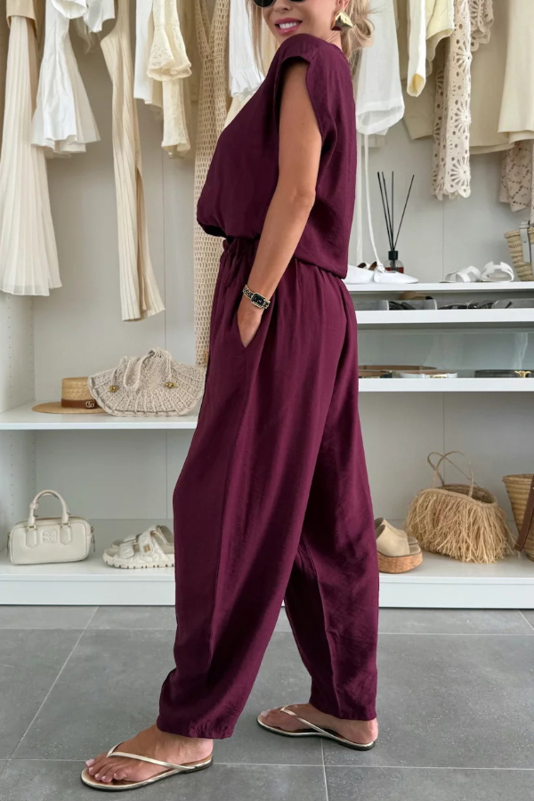 Linen Blend Solid Color V-neck Short-sleeved Top and Elastic Waist Pocket Bloomers Pants Set
