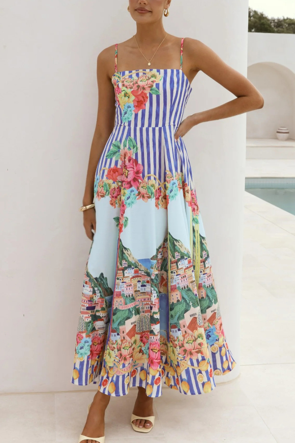Unique Printed Spaghetti Strap Square Neck Casual Holiday Maxi Dress | Consonak