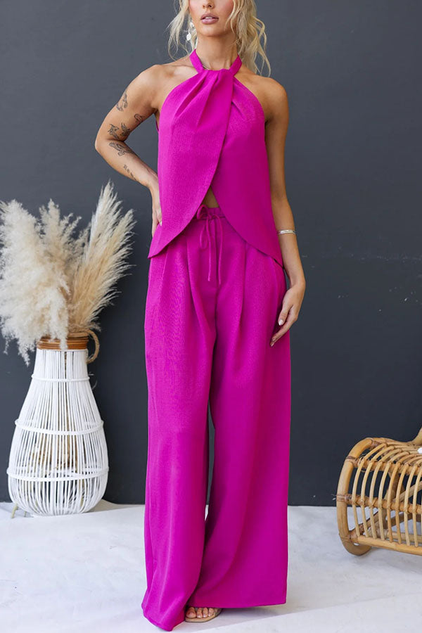Gette Linen Blend Slit Front Top and High Rise Knoted Pocket Wide Leg Pants Set-consonak