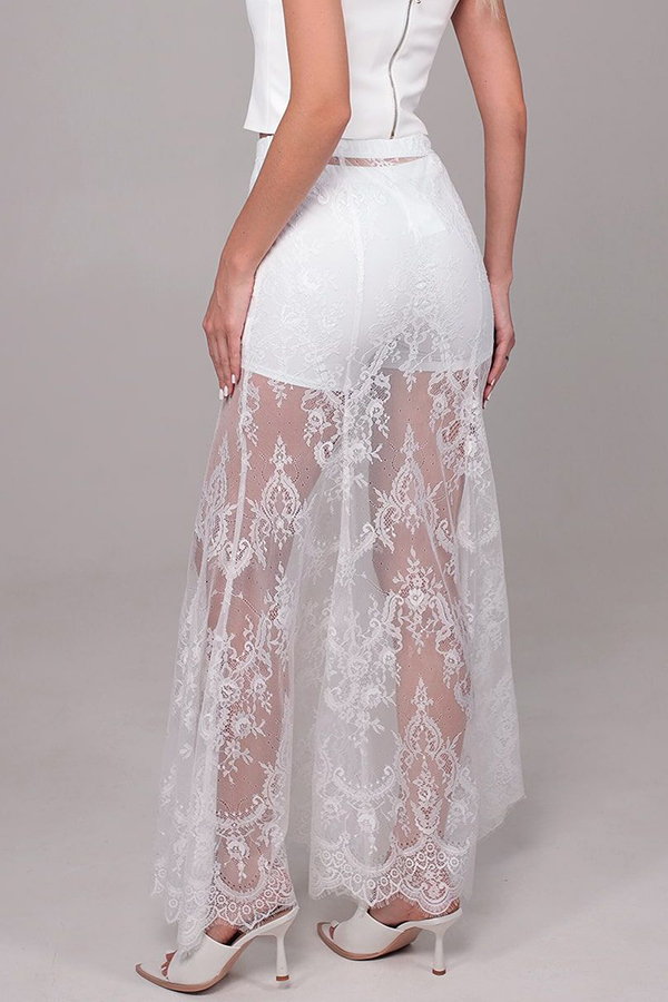 Queen Time Court-style Lace High Rise Elastic Waist Flare Maxi Skirt-consonak