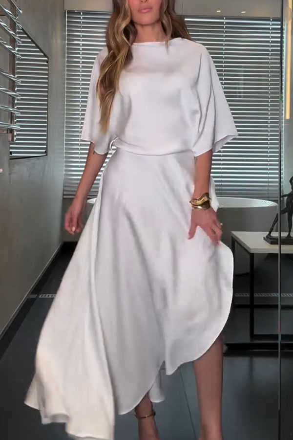 Modern and Elegant Satin Half Wide Sleeve Wrap Style Pocket Slit Loose Maxi Dress-consonak