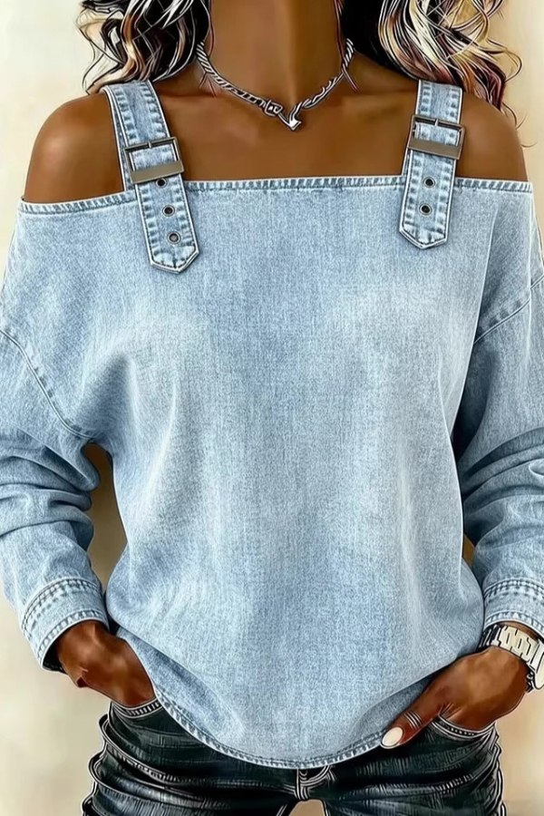 Fashionable Faux Denim Off-shoulder Long-sleeved Loose Top