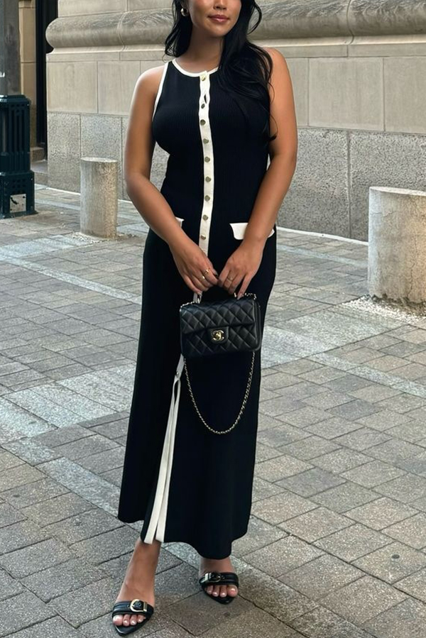 Elegant Slim Fit Crew Neck Buttoned Sleeveless Knit Midi Dress-consonak