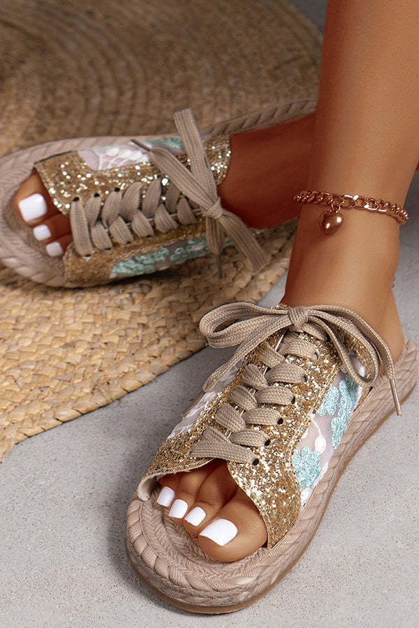 Sequined Mesh Embroidered Casual Strappy Flat Slippers-consonak