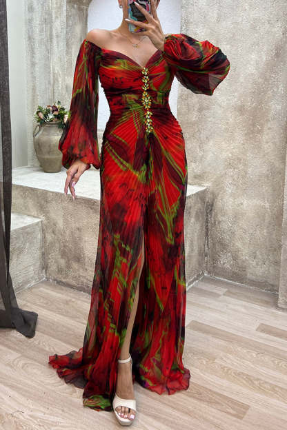 Sunset Serenade Printed Off Shoulder Embellished Pleated Slit Maxi Dress-consonak