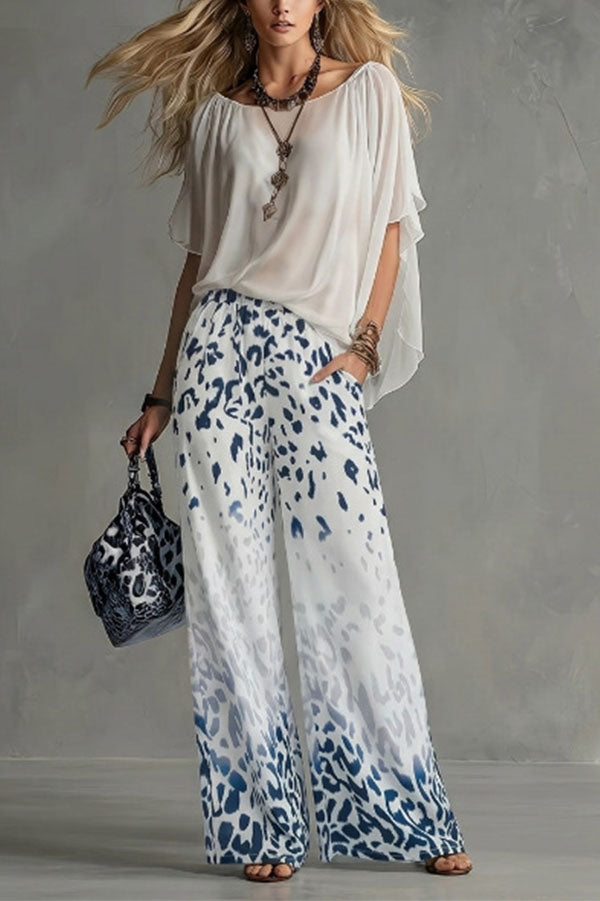 Safari Glam Draped Blouse & Ombre Leopard Wide-Leg Trousers Set-Consonak
