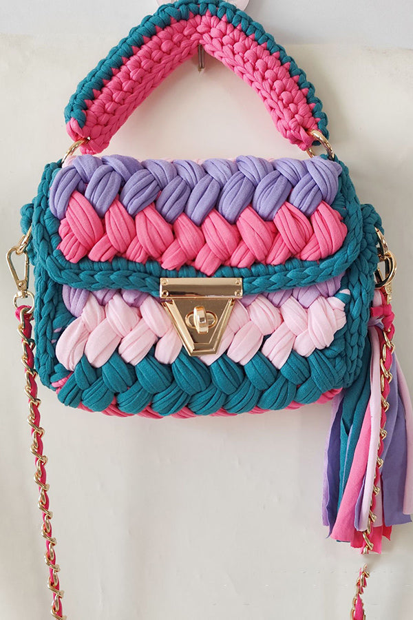 Contrast Color Stitching Braided Chain Tassel Bag-consonak